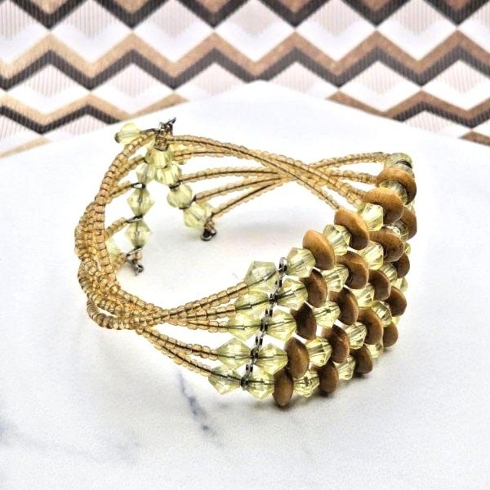 Vintage 70s Wood Yellow Bicone‎ and Seed Bead Flexible Twisted Cuff Bracelet